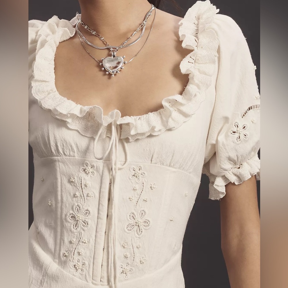 NWT For Love And Lemons Beaded Embroidered Dress with Puff Sleeves